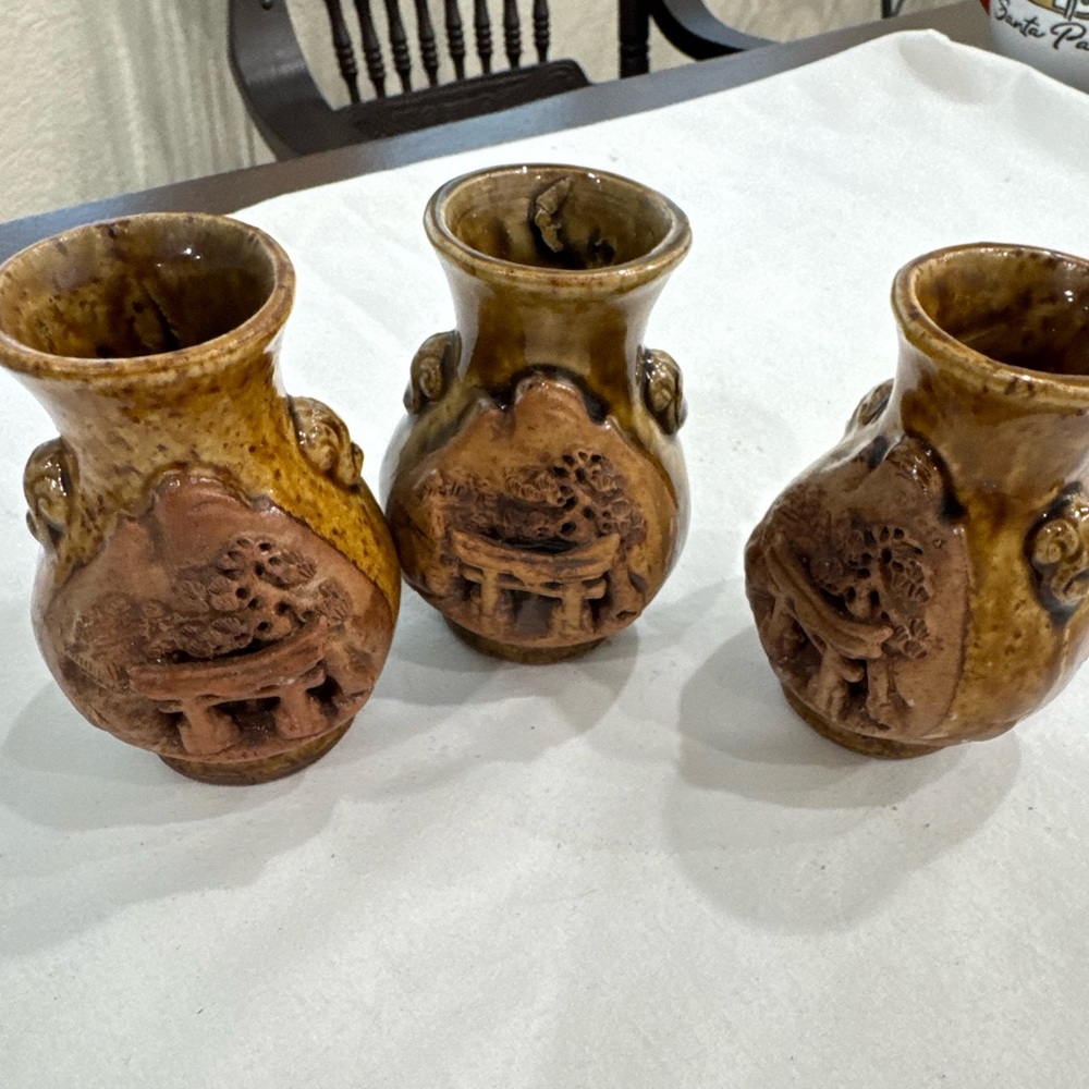 Japanese Set of Three Brown Ceramic Vases